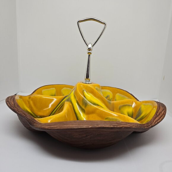 California Pottery Sequoia Ware Divided Serving Bowl, 608, Yellow, Wood Grain - Picture 4 of 7